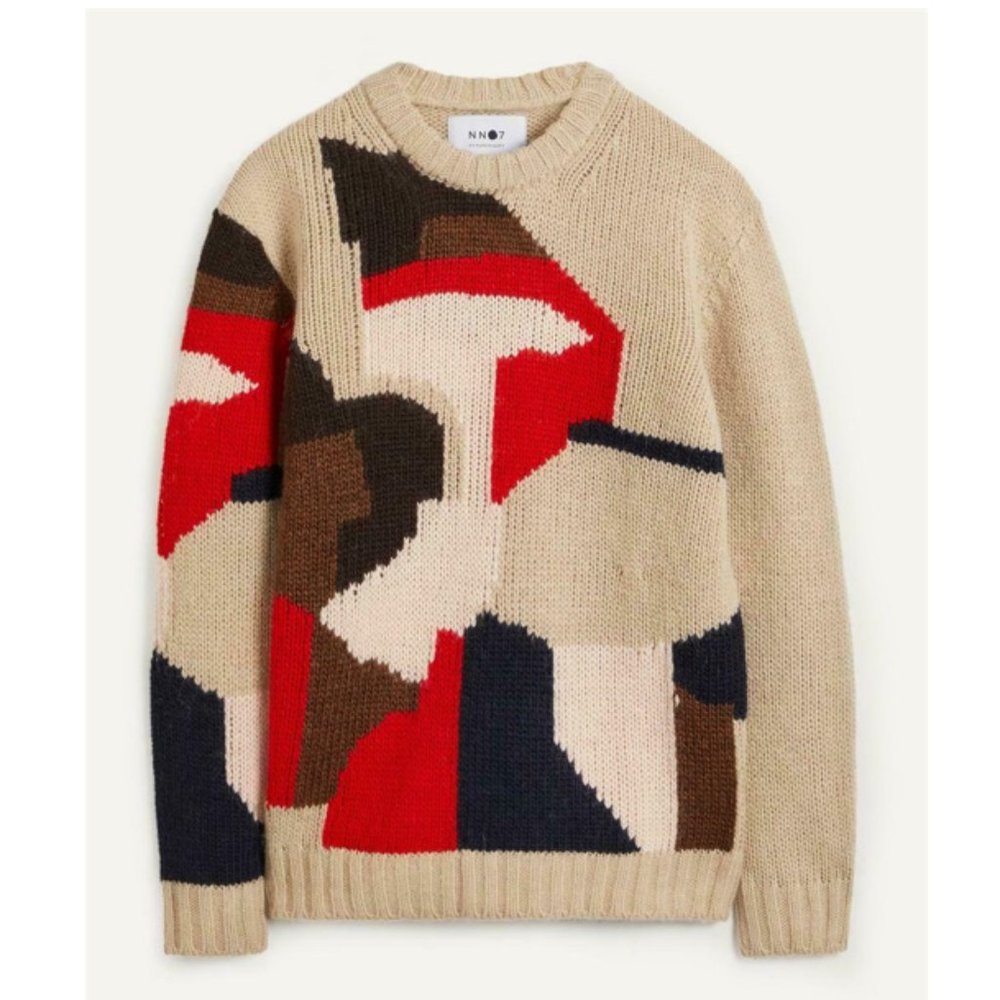 NWOT L Men's Nn07 Brady 6417 Intarsia-Knit Wool Crewneck Sweater in Sand $315